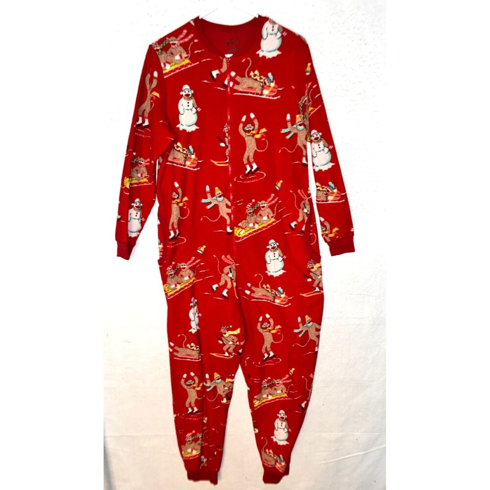 Nick & Nora M Red Fleece Sock Monkey One Piece Union Jumpsuit PJ’s Zip Snowman